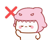 a cartoon character wearing a pink shark hat has a red x on his head