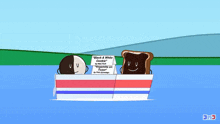 a black and white cookie and a slice of chocolate toast are sitting in a boat