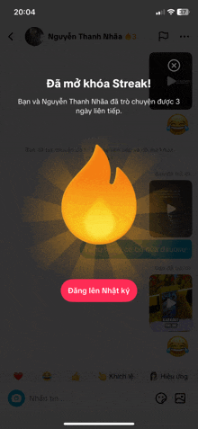 a screenshot of a phone screen with a flame and a red button