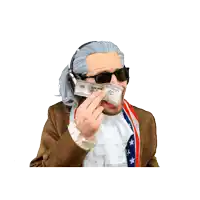 a man wearing a wig and sunglasses is holding a bunch of money in his hand