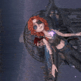 a cartoon character with red hair is standing in front of a large building