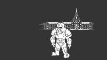 a black and white drawing of a man in armor with a building in the background