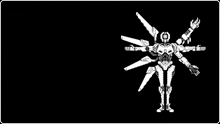 a black and white drawing of a robot with a lot of arms and wings on a black background .