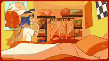 a cartoon of a girl standing next to a bed in a room with a hamster on the wall .