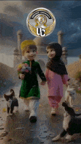 a cartoon of a boy and a girl walking with cats and the words universe community on top