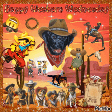 a happy western wednesday greeting card with cowboys and dogs in the desert