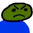 a green cartoon character with an angry face and a blue shirt is standing on a white background .