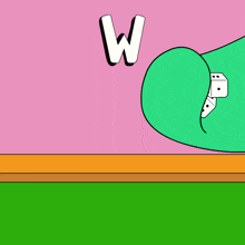 a cartoon drawing of a hand with the letter w and two dice