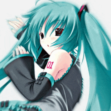 a blue haired anime girl with the number 01 on her arm