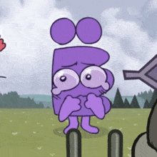 a purple cartoon character with a sad look on his face is standing in a field