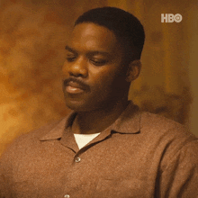 a man with a mustache is wearing a brown shirt and looking at something .