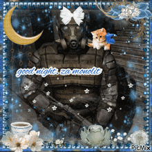 a picture of a man wearing a gas mask with a kitten on his shoulder and the words good night za monolit