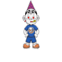 a cartoon monkey wearing a ny islanders shirt and party hat
