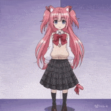 a girl with pink hair and cat ears is standing in front of a purple wall with the words " vidu ai " below her