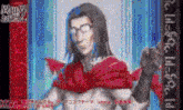 a pixel art of a man wearing glasses and a red cape .