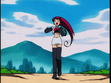 a cartoon character with long red hair and a thumbs up