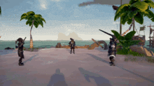 a group of people standing on a beach with palm trees in the background