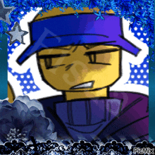 a drawing of a man wearing a blue hat and a purple shirt with a picmix watermark