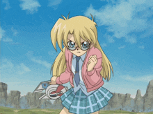 a girl in a pink jacket and blue tie holds a sword