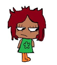 a cartoon drawing of a girl with red hair and a green dress with a flower on it