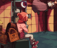 a pixel art drawing of a girl sitting next to a radio that says " coo " on it