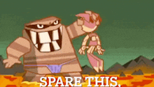 a cartoon of a monster and a girl with the words spare this written on the bottom .