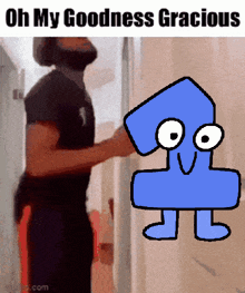 a man with a beard is standing next to a cartoon character that says " oh my goodness gracious "