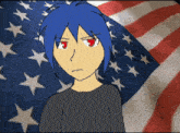 a cartoon character with blue hair and red eyes stands in front of a large american flag