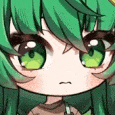 a close up of a cartoon character with green hair and green eyes making a funny face .
