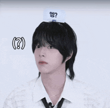 a man wearing a white shirt and tie has a white sign on his head that says ?