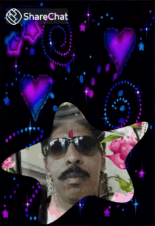 a man with sunglasses and a mustache is surrounded by hearts and stars on a sharechat screen