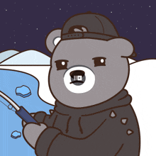 a cartoon bear is holding a fishing rod in front of a lake