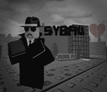 a black and white photo of a roblox character standing in front of a sign reading syball