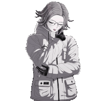 a black and white drawing of a person wearing a jacket