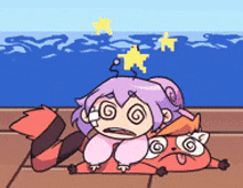 a cartoon of a girl with a swirl around her head laying on a fox