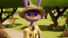 a purple cartoon character wearing a safari hat and shirt