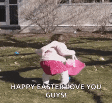 a little girl is holding an umbrella and a basket of easter eggs in her hands .