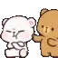 a couple of teddy bears are standing next to each other .