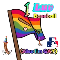 a rainbow flag with a baseball bat and the words i am baseball also i am gay