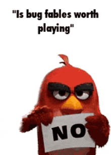 an angry bird holding a sign that says no