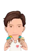 a man with a heart on his chest is holding two ice cream cones