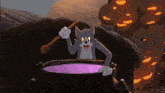 a cartoon cat is holding a spoon over a cauldron of purple liquid