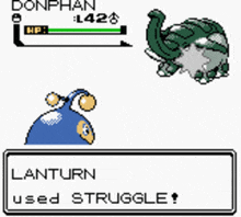 a video game screen shows a pokemon named donphan and a pokemon named lanturn