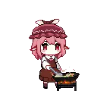 a pixel art drawing of a girl with pink hair cooking