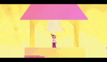 a cartoon character stands in front of a pink roof