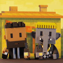 a pixel art of a man and a skeleton holding bottles