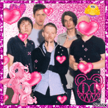 a group of men are surrounded by pink hearts and a pink pony that says picmix on it