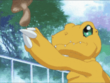 a cartoon of a dinosaur reaching for a mushroom