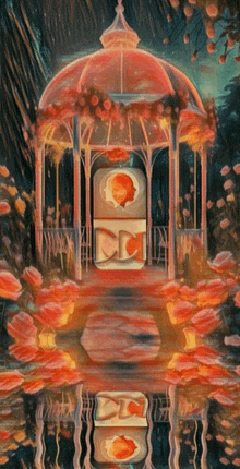 a painting of a gazebo surrounded by flowers and a reflection of the gazebo in the water