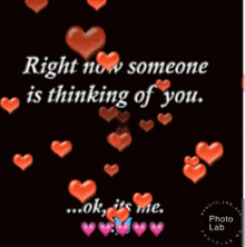 a black background with red hearts that say right now someone is thinking of you